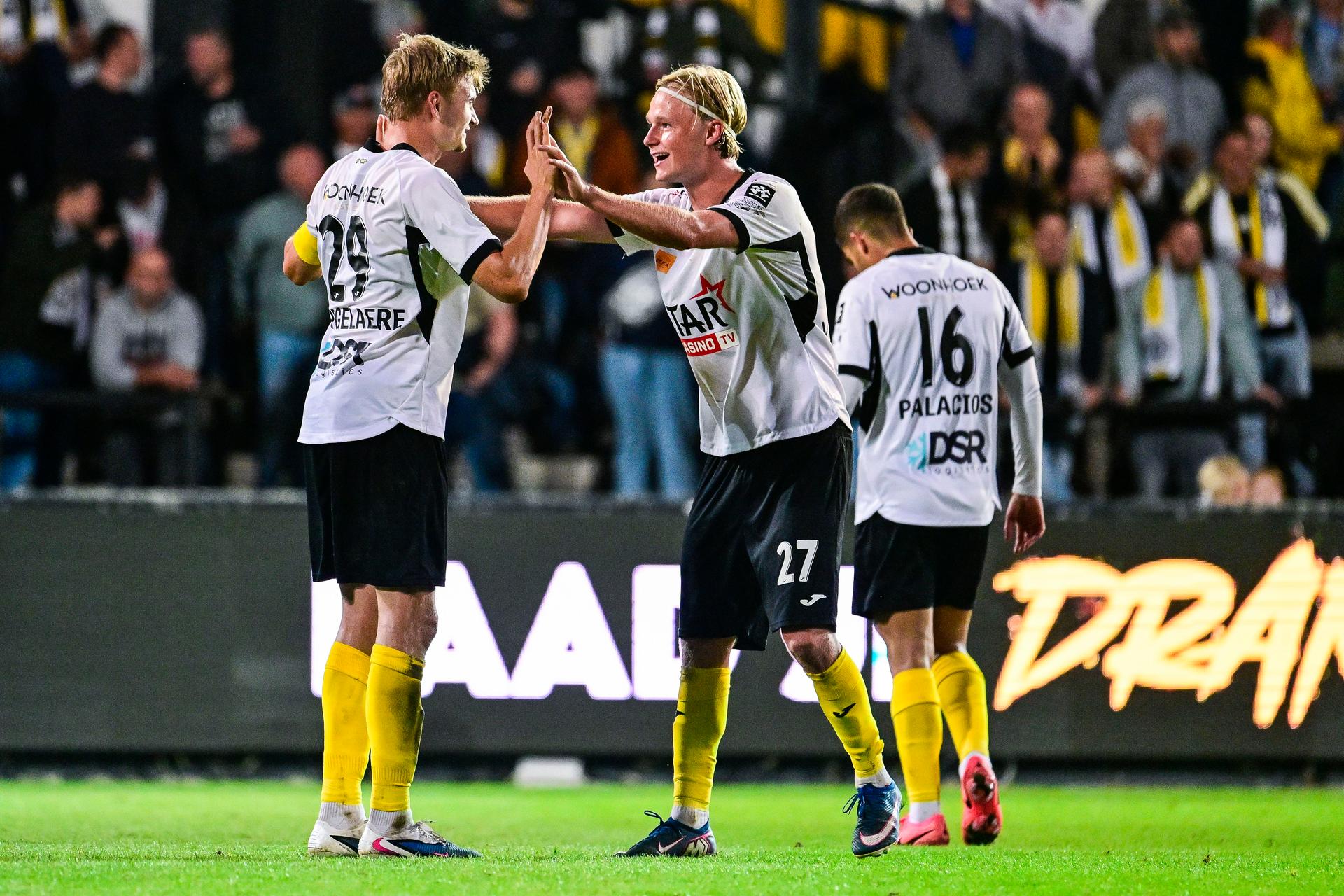 Lokeren's Rune Van Den Bergh celebrates after scoring during a soccer match between KSC Lokeren and KAS Eupen, Friday 21 August 2026 in Lokeren, on day 3 of the 2026-2027 'Challenger Pro League' the second highest division of the Belgian championship. BELGA PHOTO TOM GOYVAERTS
