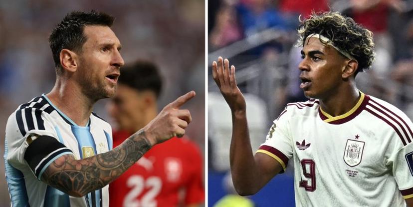 (COMBO) This combination of file photos created on July 16, 2026, shows Argentina's forward #10 Lionel Messi in Kansas City on July 11, 2026 (L); and Spain's forward #19 Lamine Yama in Arlington on July 14, 2026. Spain and Argentina will meet in the 2026 World Cup football tournament final match at the New York/New Jersey Stadium in East Rutherford on July 19, 2026. Paul ELLIS, Odd ANDERSEN / AFP