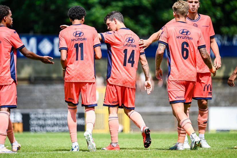 Mechelen's Benito Raman celebrates after scoring during a friendly soccer game between Rupel Boom and KV Mechelen, on Saturday 04 July 2026 in Boom, in preparation of the upcoming 2026-2027 Belgian first division soccer season. BELGA PHOTO TOM GOYVAERTS