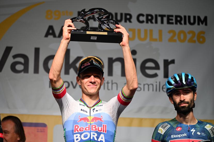 Belgian Remco Evenepoel of Red Bull-BORA-hansgrohe and French Valentin Paret-Peintre of Soudal Quick-Step celebrate on the podium after the 'Natourcriterium Aalst' cycling event, Monday 27 July 2026, in Aalst. The traditional 'criteriums' are local showcases for which mainly cyclists who rode the Tour de France are invited. BELGA PHOTO ELIAS ROM