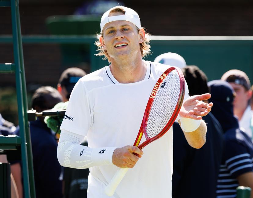Belgian Zizou Bergs celebrates after winning a tennis match against Portuguese Faria, in the second round of the Men's singles at the Wimbledon grand slam tennis tournament in London, Britain, Thursday 02 July 2026.  BELGA PHOTO BENOIT DOPPAGNE