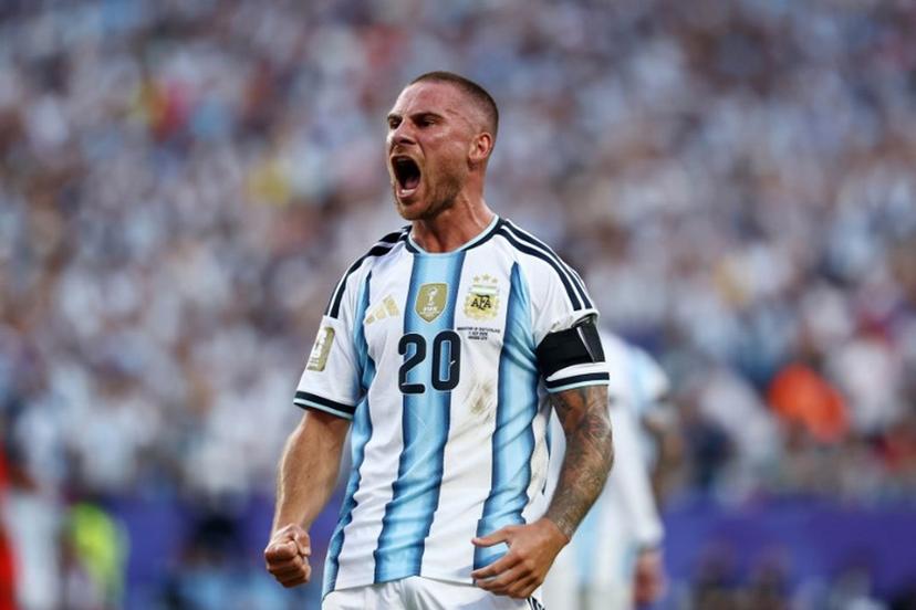 Argentina's midfielder #20 Alexis Mac Allister celebrates scoring his team's first goal during the 2026 World Cup football tournament quarter-final match between Argentina and Switzerland at the Kansas City Stadium in Kansas City on July 11, 2026.   CHARLY TRIBALLEAU / AFP