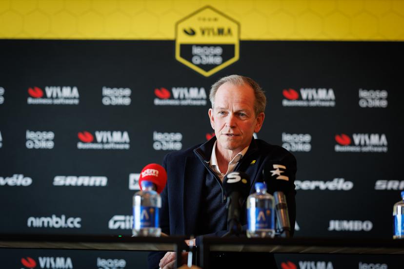 Team Visma-Lease a Bike general manager Richard Plugge pictured during a press conference of the Visma - Lease a Bike cycling team, to discuss this weekend's one-day cycling race Omloop Het Nieuwsblad, the opening race of the Flemish classic one day races season, Thursday 26 February 2026 in Deerlijk. BELGA PHOTO KURT DESPLENTER
