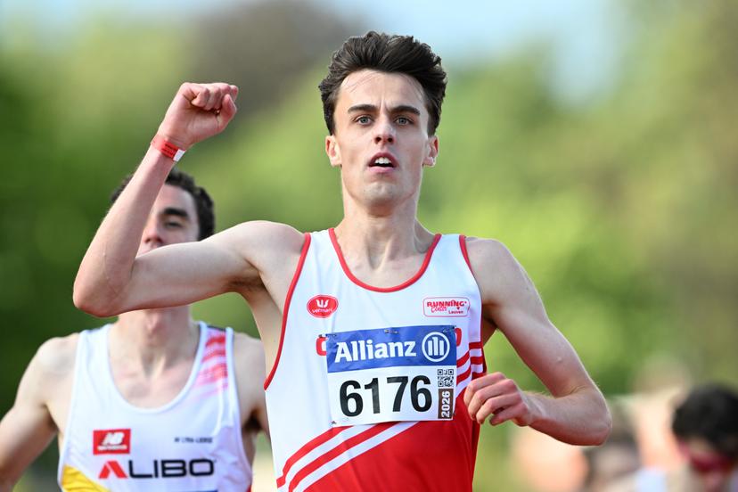 Belgian Pieter Sisk celebrates as he crosses the finish line to win the Belgian athletics championships, Sunday 26 July 2026 in Kessel-Lo, Leuven. BELGA PHOTO JILL DELSAUX