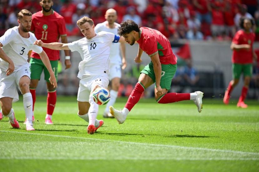 Morocco's midfielder #17 Abde Ezzalzouli shoots on goal during the international friendly football match between Morocco and Norway at Sports Illustrated Stadium in Harrison, New Jersey, on June 7, 2026.  ANGELA WEISS / AFP