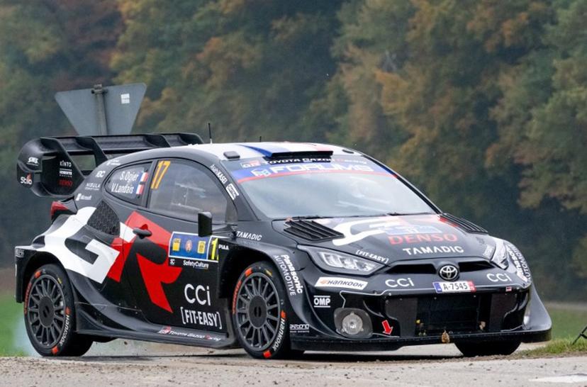 French driver Sebastien Ogier and co-driver Vincent Landais compete in their Toyota GR Yaris Rally1 car during day three of the FIA World Rally Championship WRC Central European Rally at the SS9 "Made in FRG" stage near Roehrnbach close to Passau, southern Germany on October 18, 2025.  Joe Klamar / AFP