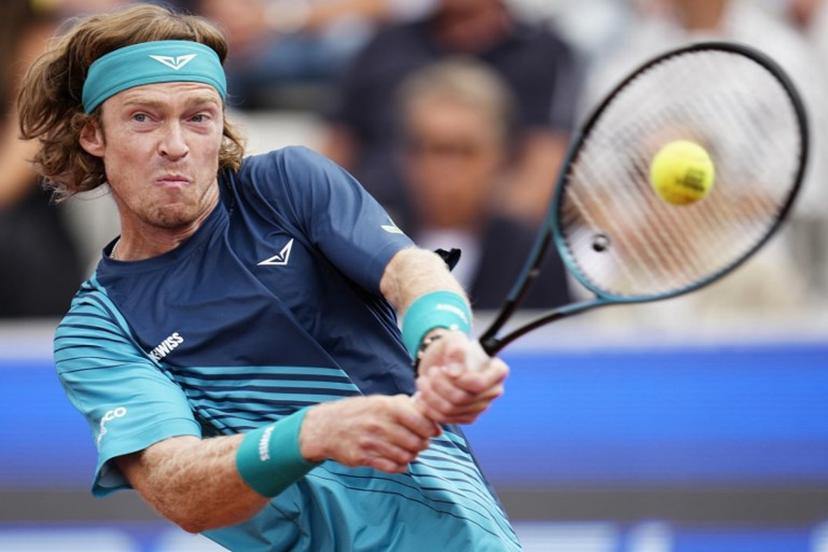 Russia's Andrey Rublev returns the ball during the men's singles final tennis match against Italy's Luciano Darderi at the ATP 250 Nordea Open tennis tournament in Bastad, Sweden on July 19, 2026.  Bjorn LARSSON ROSVALL / TT News Agency / AFP