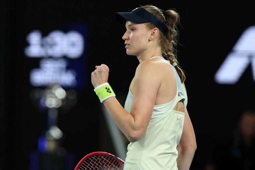 Kazakhstan's Elena Rybakina celebrates her first set against Belarus' Aryna Sabalenka during their women's singles final match on day fourteen of the Australian Open tennis tournament in Melbourne on January 31, 2026.  Martin KEEP / AFP