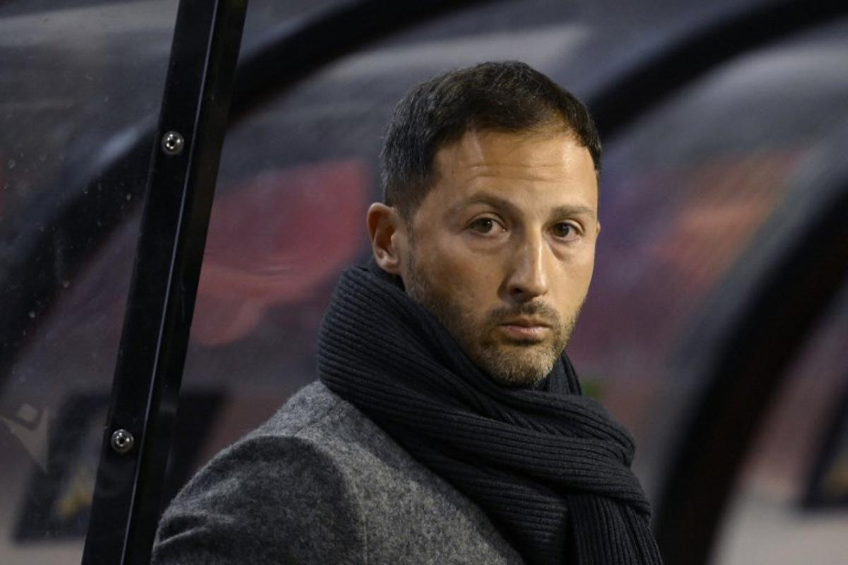 Belgium's head coach Domenico Tedesco looks on prior to the UEFA Nations League Group A2 football match between Belgium and Italy at the King Baudouin Stadium in Brussels on November 14, 2024.  JOHN THYS / AFP