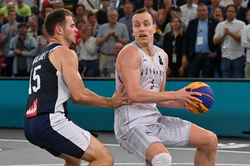 French Alex Vialaret and Belgium's Nick Celis pictured during a 3x3 basketball game between Belgium and France, in the Men's bronze medal game, at the FIBA 2022 world cup, Sunday 26 June 2022, in Antwerp. The FIBA 3x3 Basket World Cup 2022 takes place from 21 to 26 June in Antwerp. BELGA PHOTO DIRK WAEM