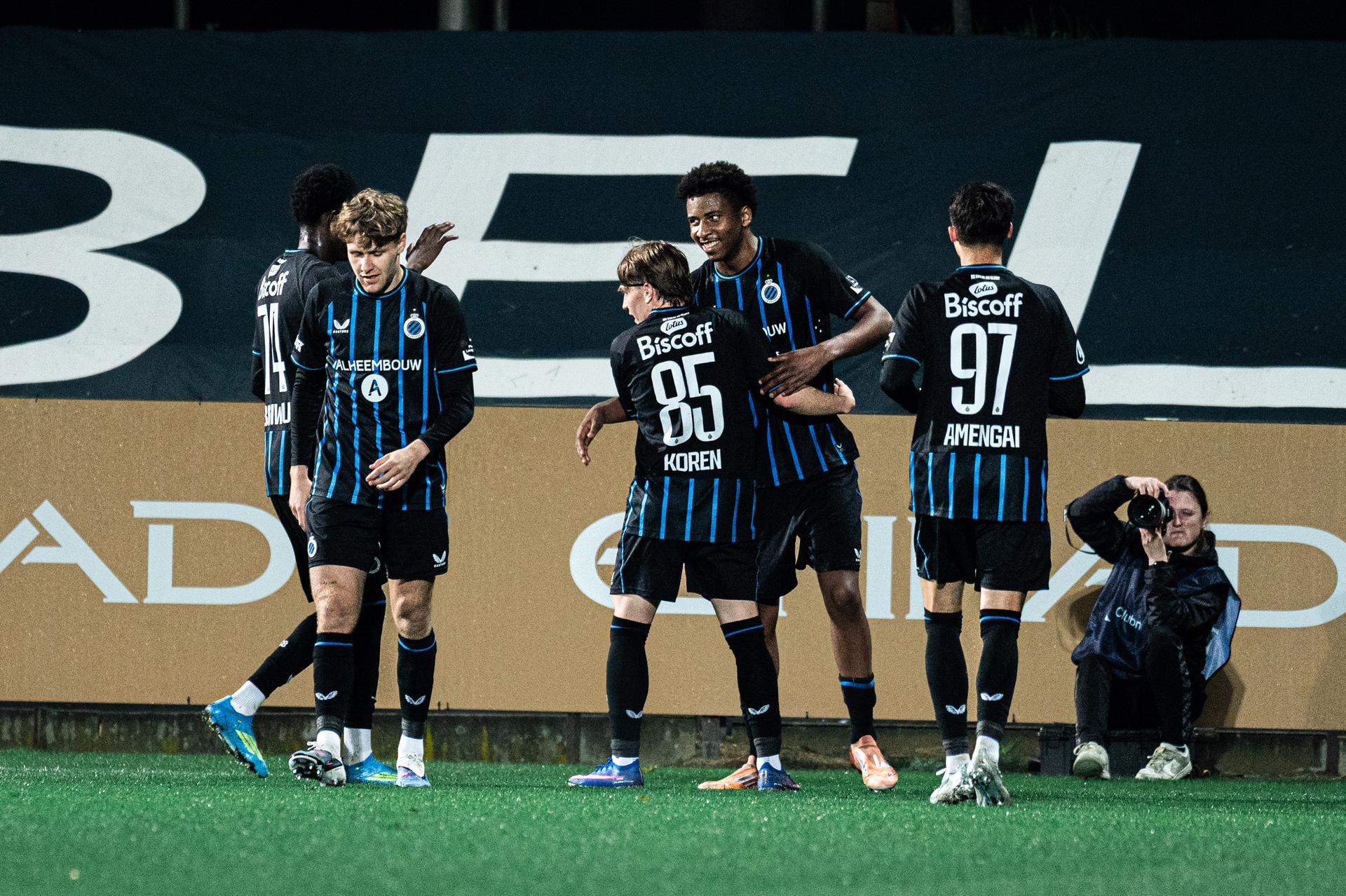 Club's players celebrate after scoring during a soccer game between Lommel SK and Club NXT, Saturday 11 April 2026 in Lommel, on day 33 (out of 34) of the 2025-2026 'Challenger Pro League' 1B second division of the Belgian championship. BELGA PHOTO EMILE WINDAL