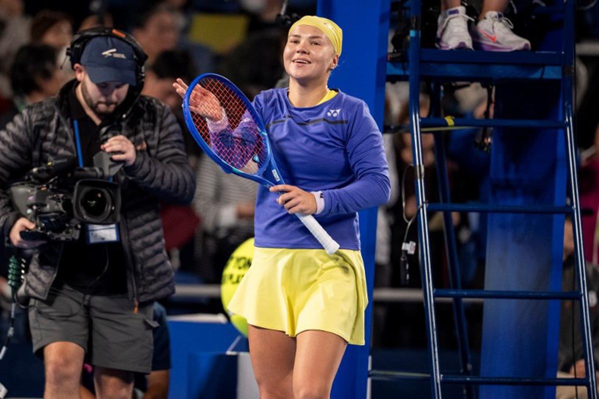 Russia's Diana Shnaider celebrates her victory against Philippines' Alexandra Eala in their quarter-final match at the WTA Pan Pacific Open tennis tournament at Ariake Coliseum in Tokyo on October 28, 2026.   Yuichi YAMAZAKI / AFP