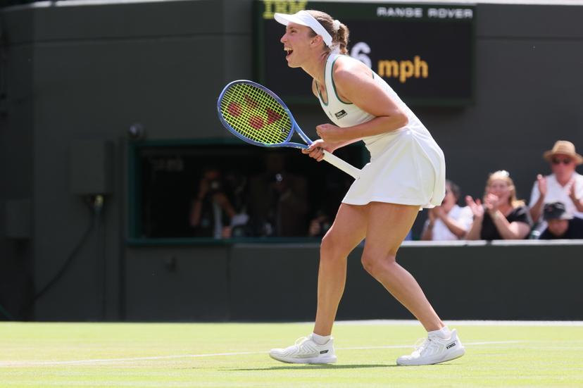 Belgian Elise Mertens celebrates after winning a tennis match against Kazakh Rybakina, in the third round of the Ladies' singles at the Wimbledon grand slam tennis tournament in London, Britain, Saturday 04 July 2026.  BELGA PHOTO BENOIT DOPPAGNE