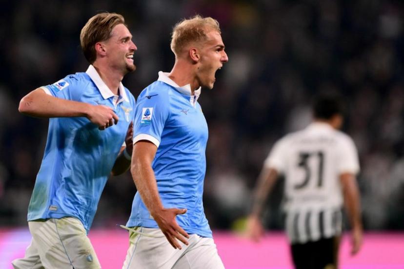 Lazio's Danish forward #11 Gustav Isaksen (R) celebrates scoring his team's second goal with Lazio's Dutch midfielder #24 Kenneth Taylor during the Italian Serie A football match between Juventus and Lazio at the Allianz Stadium, in Turin on October 18, 2026.  Marco Bertorello / AFP