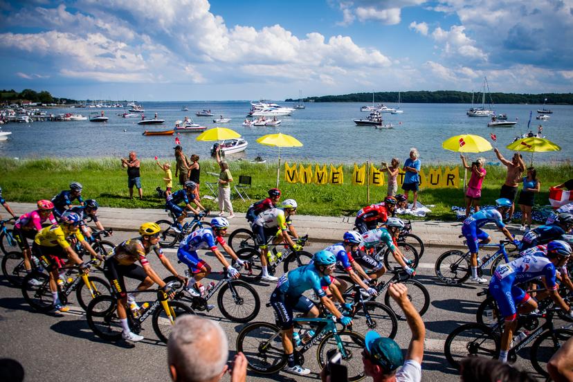 Illustration picture of the pack of riders pictured in action during stage three of the Tour de France cycling race, 182km from Vejle to Sonderborg, Denmark on Sunday 03 July 2022. This year's Tour de France takes place from 01 to 24 July 2022 and starts with three stages in Denmark. BELGA PHOTO JASPER JACOBS