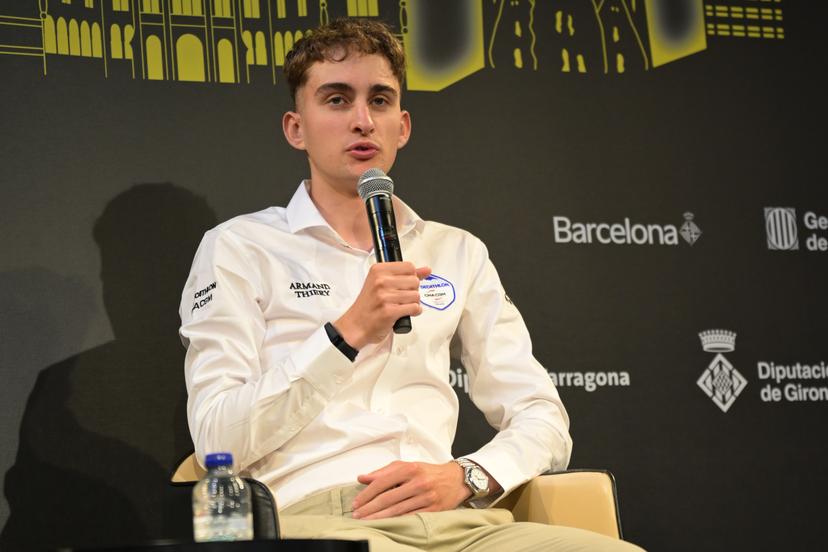 French Paul Seixas of Decathlon CMA CGM Team pictured during a press conference ahead of the 2026 Tour de France cycling race, Thursday 02 July 2026, in Barcelona, Spain. The 113th edition of the Tour de France starts on Saturday 4 July in Barcelona, Spain, and will finish in Paris, France on the 26th of July. BELGA PHOTO DAVID PINTENS