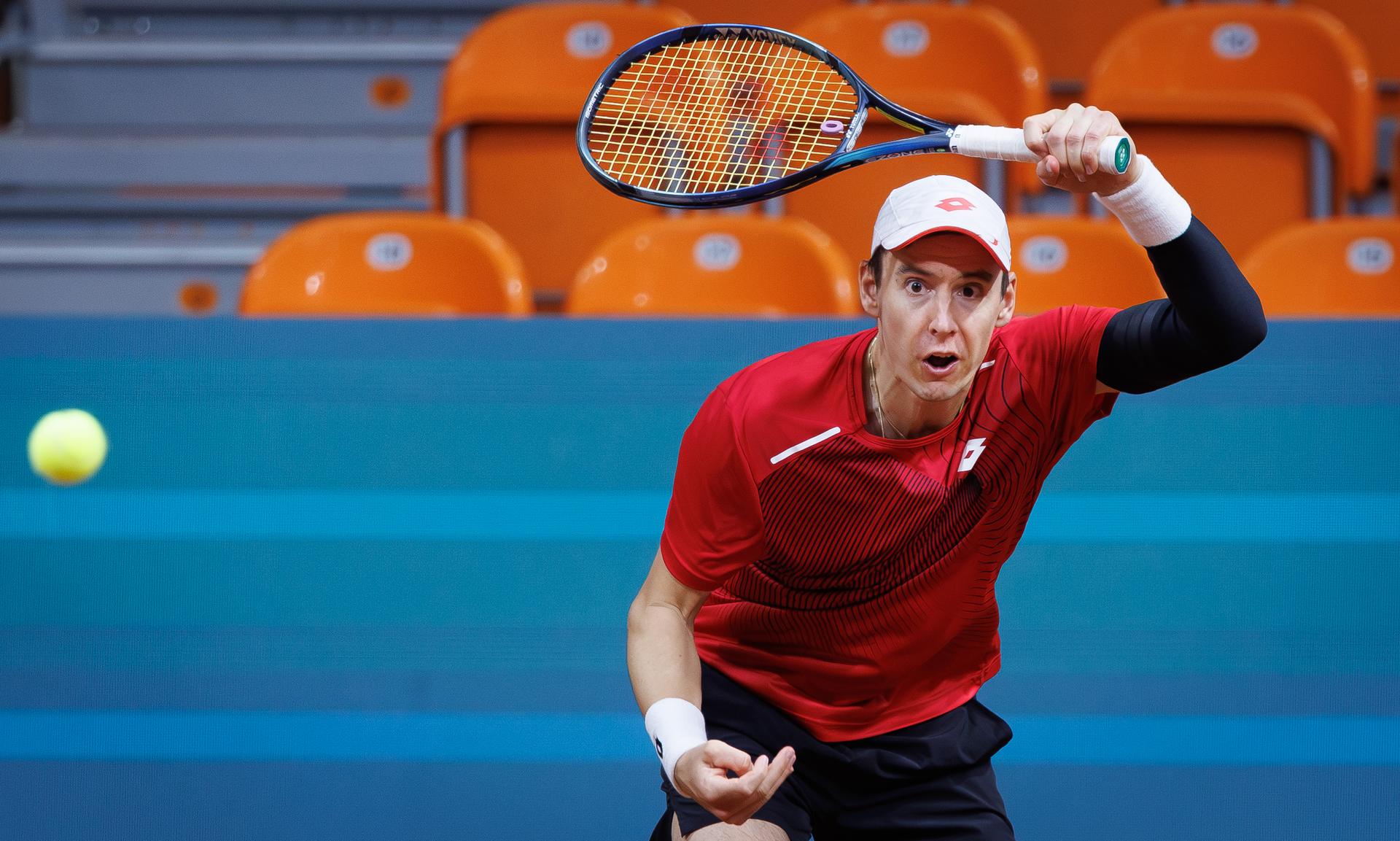 Belgian Joran Vliegena pictured during a training session of the Belgian team, Friday 06 February 2026, in Plovdiv, Bulgaria. Belgium will compete this weekend in the Davis Cup qualifiers against Bulgaria. BELGA PHOTO BENOIT DOPPAGNE