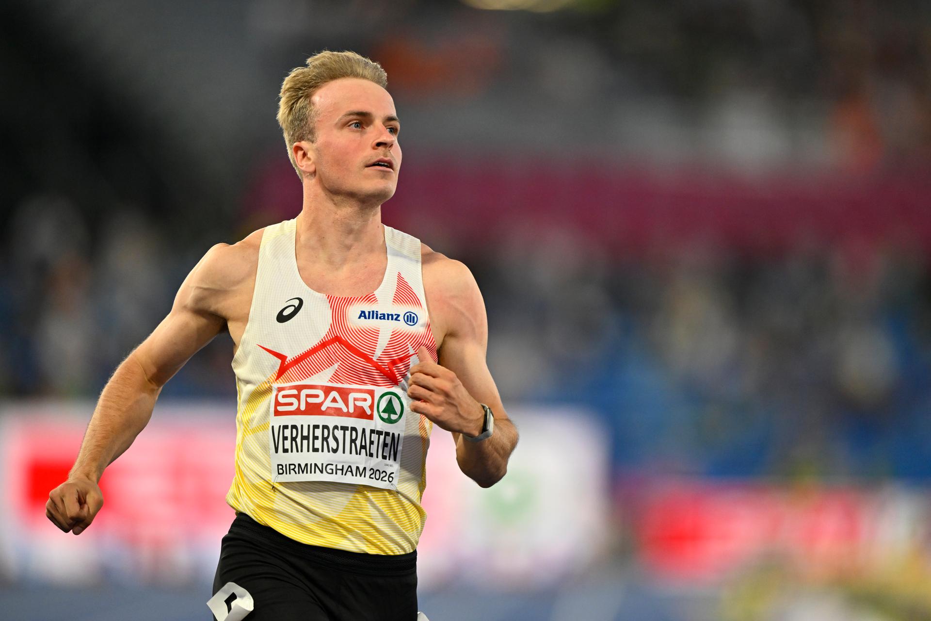 Belgian athlete Simon Verherstraeten is pictured in action duringt the semifinals of the 100m event  on the second day of the European Athletics Championships (August 10-18) in Birmingham, United Kingdom, on Tuesday 11 August 2026. BELGA PHOTO ERIC LALMAND