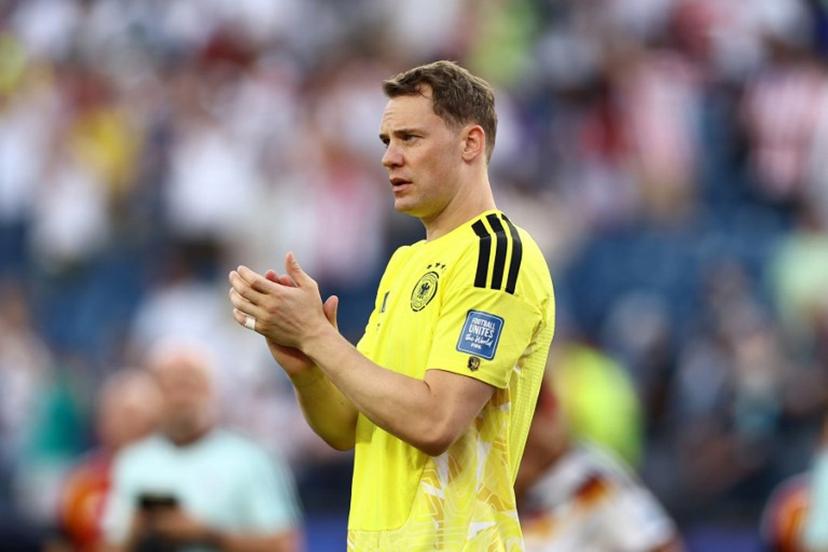 Germany's goalkeeper #01 Manuel Neuer greets fans after losing the penalty shootout of the 2026 World Cup round of 32 football match between Germany and Paraguay at the Boston Stadium in Foxborough on June 29, 2026.   CHARLY TRIBALLEAU / AFP