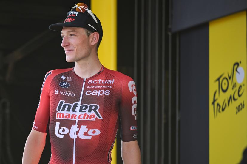 Belgian Liam Slock of Lotto Intermarche celebrates on the podium with the combativity award after the stage 8 of the 2026 Tour de France cycling race, a stage of 182km from Perigueux to Bergerac, on Saturday 11 July 2026. The 113th edition of the Tour de France starts on Saturday 4 July in Barcelona, Spain, and will finish in Paris, France on the 26th of July. BELGA PHOTO DAVID PINTENS
