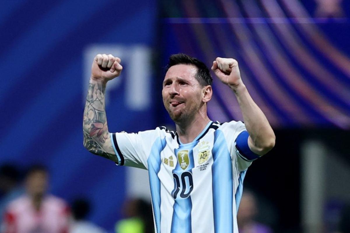 Argentina's forward #10 Lionel Messi celebrates after winning the 2026 World Cup round of 16 football match between Argentina and Egypt at Atlanta Stadium in Atlanta on July 7, 2026.   Thomas COEX / AFP