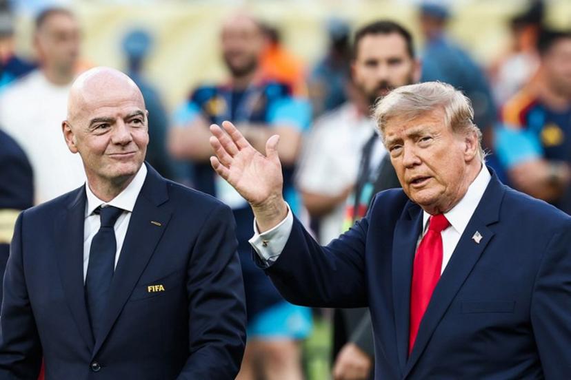 US President Donald Trump (R) waves next to FIFA President Gianni Infantino (L) during the award ceremony of the 2026 World Cup football tournament final match between Spain and Argentina at the New York/New Jersey Stadium in East Rutherford on July 19, 2026.   FRANCK FIFE / AFP