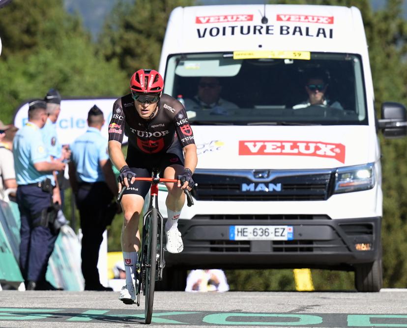 Dutch Arvid de Kleijn of Tudor Pro Cycling Team crosses the finish line of stage 3 of the 2026 Tour de France cycling race, a stage of 195,9km from Granollers, Spain, to Les Angles, France, Monday 06 July 2026. The 113th edition of the Tour de France starts on Saturday 4 July in Barcelona, Spain, and will finish in Paris, France on the 26th of July.  BELGA PHOTO DAVID PINTENS