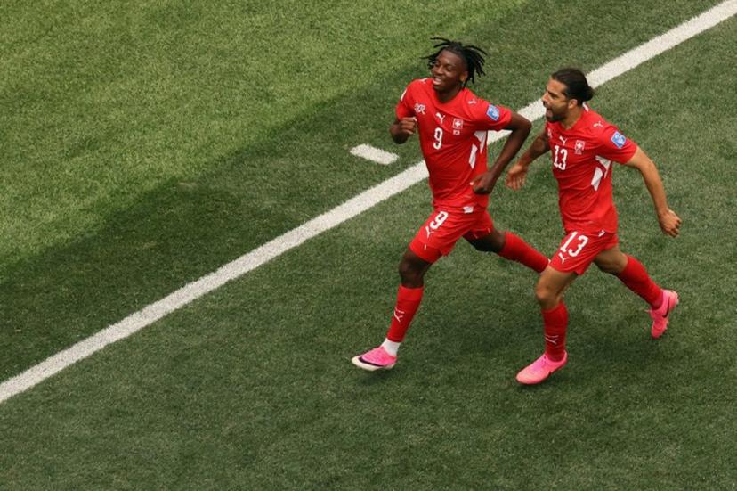 Switzerland's midfielder #09 Johan Manzambi celebrates scoring his team's third goal during the 2026 World Cup Group B football match between Switzerland and Bosnia and Herzegovina at Los Angeles Stadium in Inglewood on June 18, 2026.   Etienne Laurent / AFP