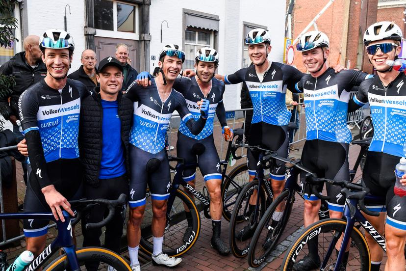 Dutch Timo De Jong of Volkerswessels Cycling Team and his team members celebrate after winning the 2024 edition of the 'Nationale Sluitingsprijs' one day cycling race in Putte-Kapellen, Kapellen on Tuesday 15 October 2024. BELGA PHOTO GOYVAERTS