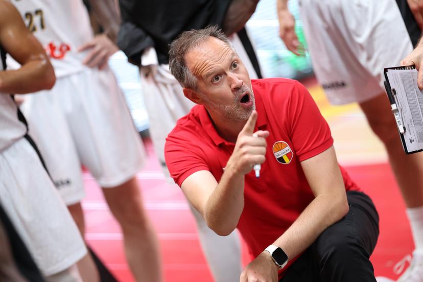 Belgium's head coach Julien Mahe gestures during a basketball match between Belgian national team Belgian Lions and France, Friday 03 July 2026 in Antwerp, qualifier 5/6 for the men's 2027 FIBA World Championships. BELGA PHOTO VIRGINIE LEFOUR