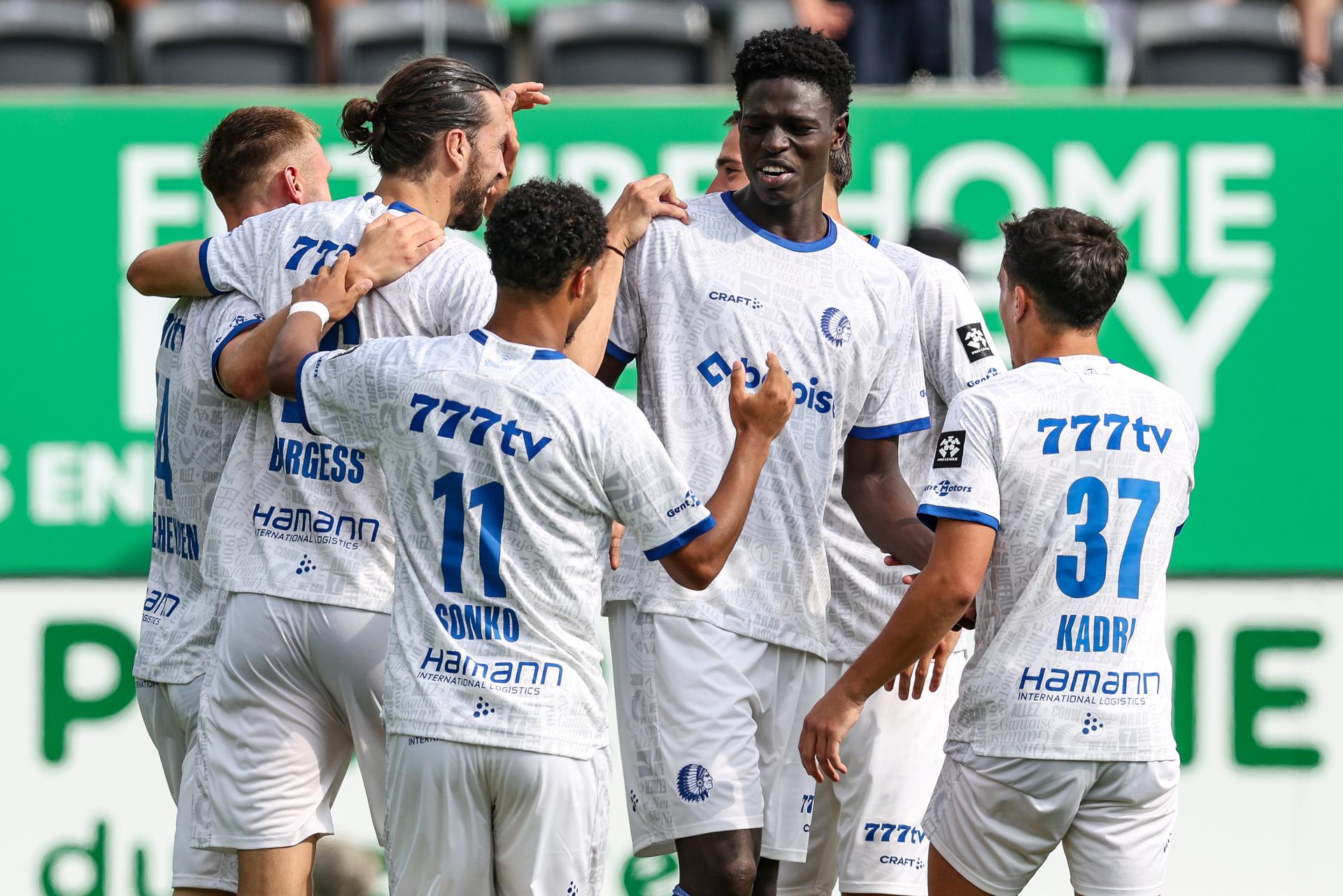 Gent's Ibrahima Cisse celebrates after scoring during a soccer match between RAAL La Louvière and KAA Gent, Sunday 16 August 2026 in La Louvière, on day 2 of the 2026-2027 'Jupiler Pro League' first division of the Belgian championship. BELGA PHOTO BRUNO FAHY