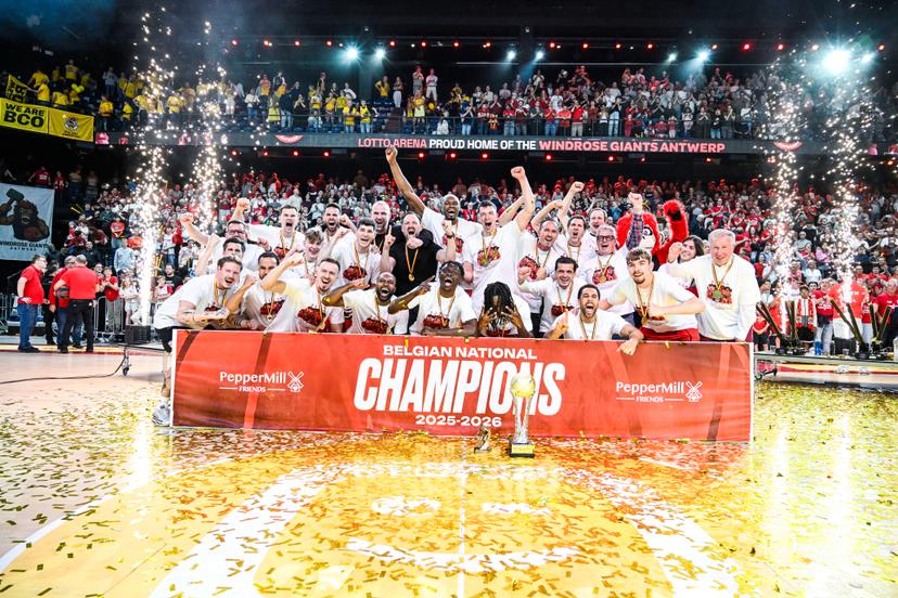 Antwerp's players celebrate after winning the Belgian title after a basketball match between Antwerp Giants and BC Oostende, Saturday 13 June 2026, in Antwerp, the fifth and last deciding match of the Final of the Playoffs of the 'BNXT League' Belgian/ Dutch first division basket championship. BELGA PHOTO TOM GOYVAERTS