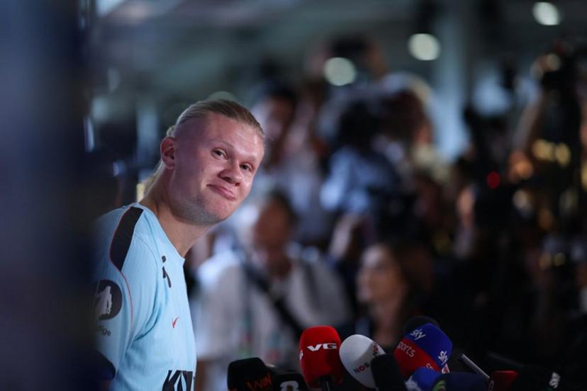 Norway's forward #09 Erling Braut Haaland gives a press conference at the Inter Miami CF Training Facility in Fort Lauderdale on July 9, 2026, during the 2026 World Cup football tournament.  PATRICIA DE MELO MOREIRA / AFP