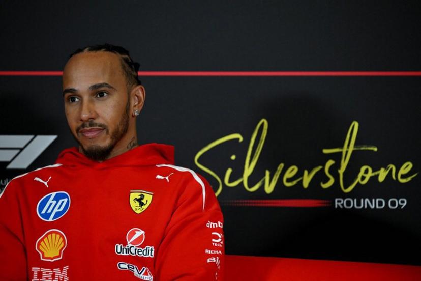 Ferrari's British driver Lewis Hamilton attends a press conference ahead of the Formula One British Grand Prix at the Silverstone motor racing circuit in Silverstone, central England, on July 2, 2026.  Andrej ISAKOVIC / AFP