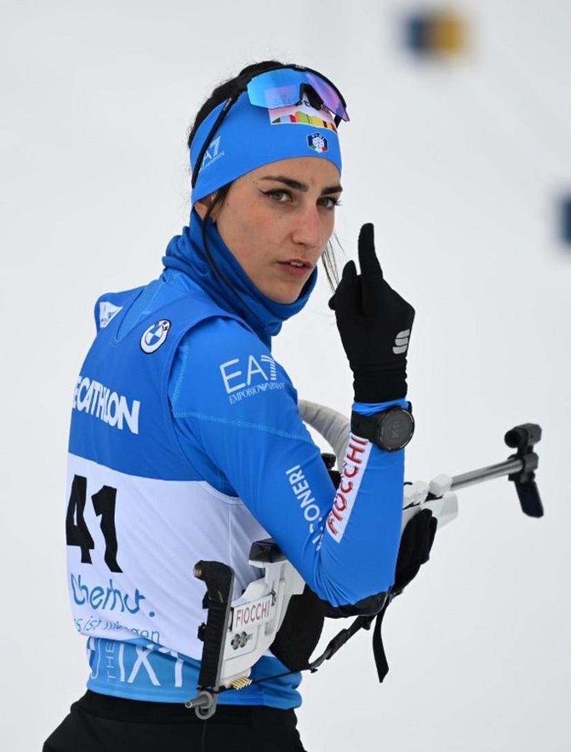 Italy's Rebecca Passler reacts during the warm up shooting prior to the women's 7,5km sprint event of the IBU Biathlon World Championships in Oberhof, central Germany, on February 10, 2023.   Christof STACHE / AFP