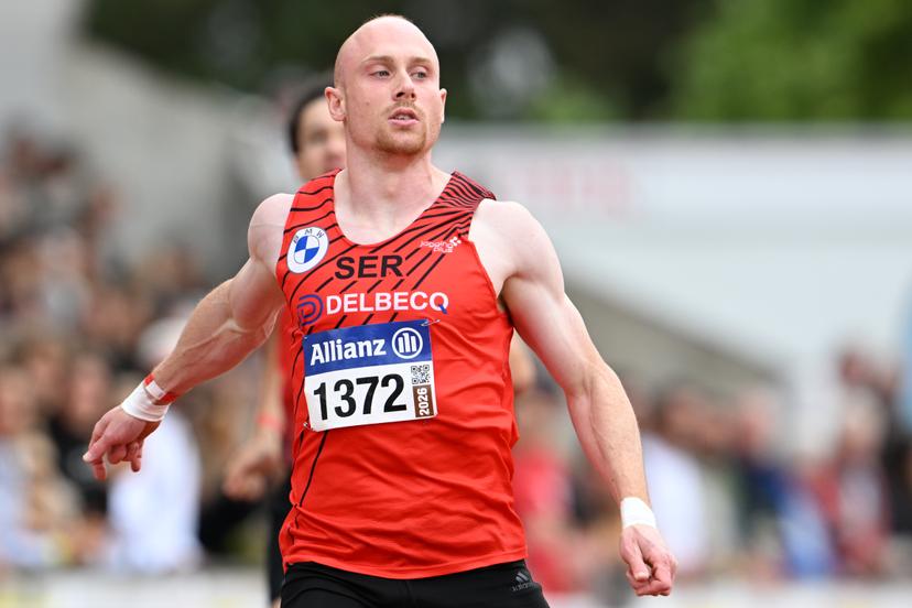Belgian Antoine Snyders pictured in action during the men's 200m race, at the Belgian athletics championships, Sunday 26 July 2026 in Kessel-Lo, Leuven. BELGA PHOTO JILL DELSAUX