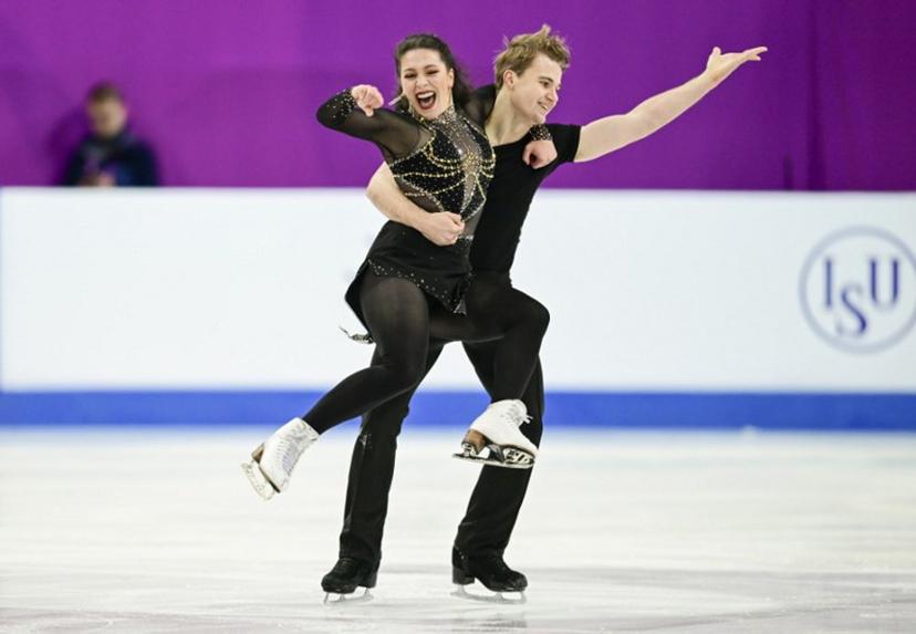 Belgium's Olivia Josephine Shilling and Leo Baeten perform during the Ice Dance Rhythm Dance event of the ISU European Figure Skating Championship 2024 in the Zalgiris Arena in Kaunas, Lithuania, on January 12, 2024.  Daniel MIHAILESCU / AFP