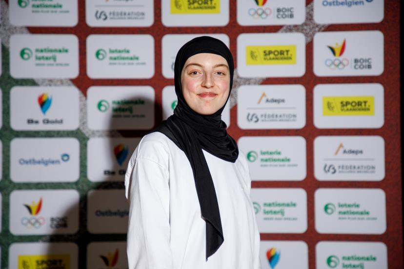 Belgian taekwondoka Sarah Chaari poses for the photographer during a ceremony to celebrate the 20th anniversary of the Be Gold project, Wednesday 09 October 2024 in Brussels. Celebrating its 20th anniversary, the Be Gold project supports the development of the best young talents in top-level sport, with the aim of achieving a Top 8 at the Olympic Games or a Top 3 at the Paralympic Games. BELGA PHOTO HATIM KAGHAT