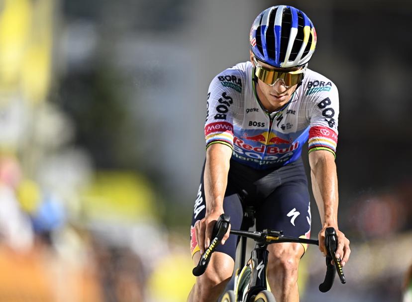 Belgian Remco Evenepoel of Red Bull-BORA-hansgrohe crosses the finish line of stage 19 of the 2026 Tour de France cycling race, a stage of 125km from Gap to Alpe d'Huez, on Friday 24 July 2026. The 113th edition of the Tour de France starts on Saturday 4 July in Barcelona, Spain, and will finish in Paris, France on the 26th of July. BELGA PHOTO JASPER JACOBS