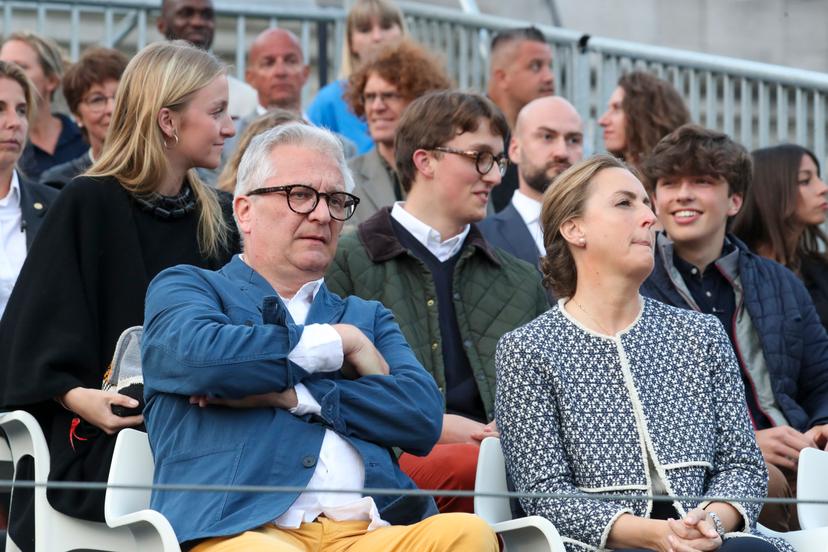 Princess Louise, Prince Laurent of Belgium, Prince Nicolas, Princess Claire of Belgium, Prince Aymeric pictured during a royal visit to the concert and fireworks 'Belgium Celebrates - Belgie viert feest - La Belgique fait la fete' event, at the Parc du Cinquantenaire - Jubelpark, the evening of the Belgian National Day, in Brussels, Friday 21 July 2023. BELGA PHOTO NICOLAS MAETERLINCK