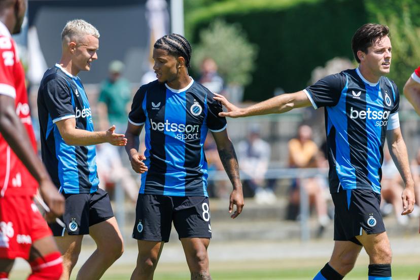 Club's Shandre Cambell celebrates after scoring during a friendly soccer game between KV Kortrijk vs Club Brugge, on Saturday 04 July 2026 in Knokke-Heist, in preparation of the upcoming 2026-2027 Belgian first division soccer season. BELGA PHOTO KURT DESPLENTER