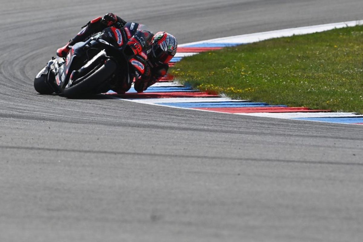 Team Aprilia Racing's Marco Bezzecchi competes during the Sprint race of the MotoGP Grand Prix of Czechia in Brno, Czech Republic, on June 20, 2026.  Michal Cizek / AFP