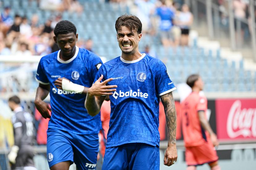 Gent's Araujo Tiago celebrates after scoring the 1-0 goal during a soccer match between KAA Gent and KV Mechelen, Sunday 09 August 2026 in Gent, on day 1 of the 2026-2027 'Jupiler Pro League' first division of the Belgian championship. BELGA PHOTO MAARTEN STRAETEMANS