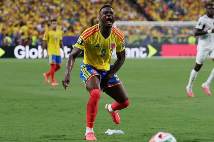 Colombia's forward #09 Jhon Cordoba reacts after an injury during the 2026 World Cup round of 32 football match between Colombia and Ghana at the Kansas City Stadium in Kansas City on July 3, 2026.   Odd ANDERSEN / AFP