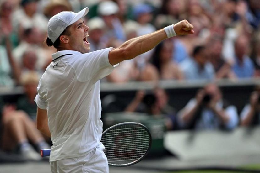 Britain's Arthur Fery celebrates winning a point against Bulgaria's Grigor Dimitrov during their men's singles round of 16 tennis match on the eighth day of the 2026 Wimbledon Championships at The All England Lawn Tennis and Croquet Club in Wimbledon, southwest London, on July 6, 2026.  Glyn KIRK / AFP