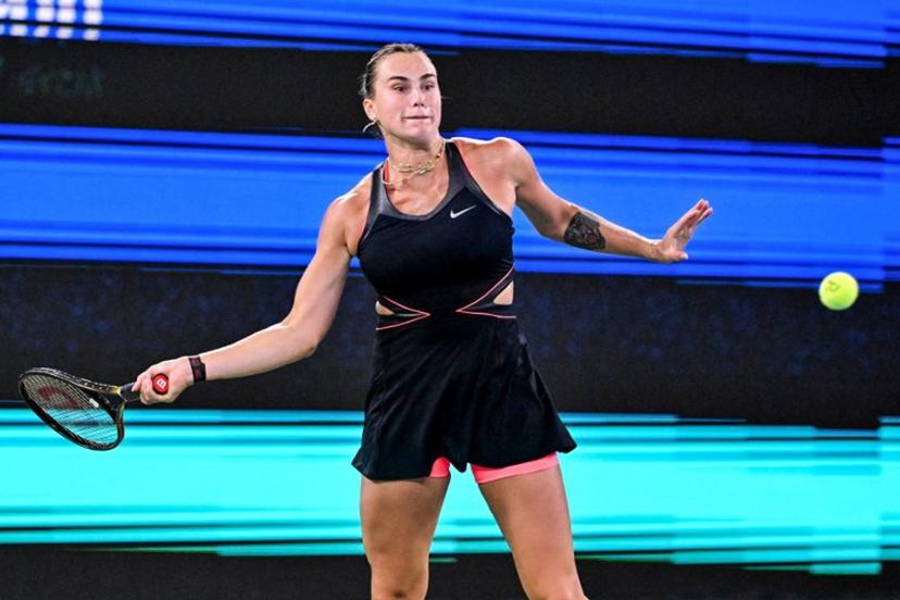 Belarus's Aryna Sabalenka hits a return to USA's Jessica Pegula during their women's singles semi-final match at the Wuhan Open tennis tournament in Wuhan, central China's Hubei province on October 11, 2025.  Adek BERRY / AFP