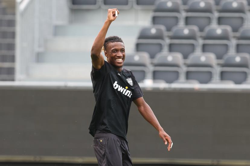 Eupen's Chris-Kevin Nadje celebrates after scoring during a soccer match between KAS Eupen and Jong Genk, Saturday 15 August 2026 in Eupen, on day 1 of the 2026-2027 'Challenger Pro League' second division of the Belgian championship. BELGA PHOTO BRUNO FAHY