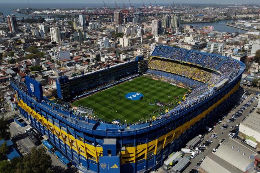 Aerial view of La Bombonera stadium before the beginning of the Argentine Professional Football League Tournament 2023 Superclasico match between Boca Juniors and River Plate in Buenos Aires on October 1, 2023.  LUIS ROBAYO / AFP