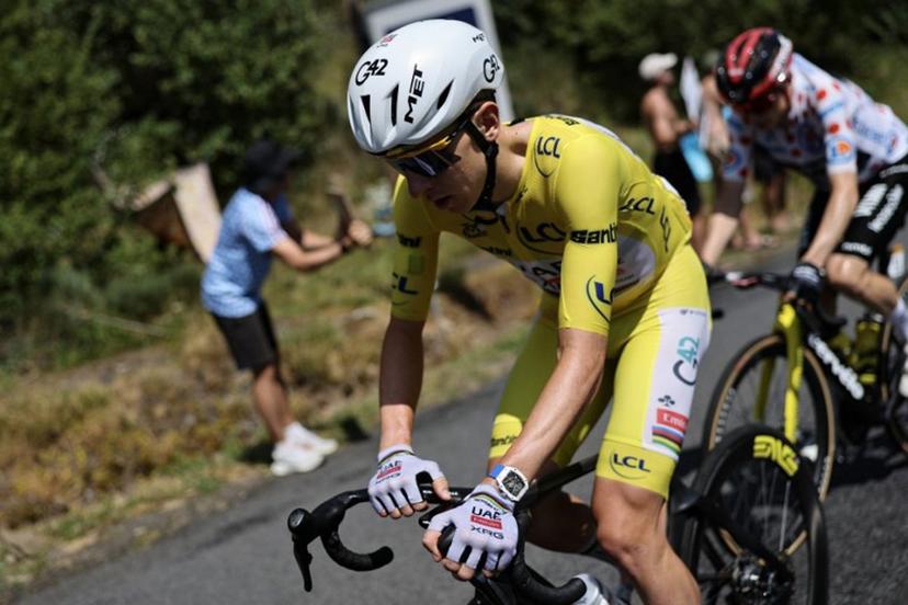 UAE Team Emirates - XRG's Slovenian rider Tadej Pogacar wearing the overall leader's yellow jersey cycles during the 10th stage of the 113th edition of the Tour de France cycling race, 166,6 km between Aurillac and Le Lioran in the Massif Central, on July 14, 2026.  Anne-Christine POUJOULAT / AFP