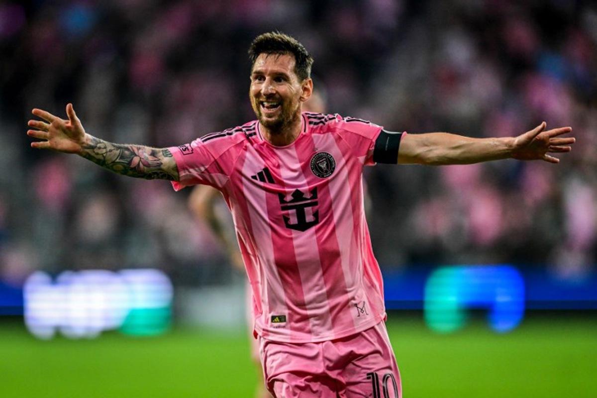 Inter Miami's Argentine forward #10 Lionel Messi celebrates scoring a goal that was disallowed during a Major League Soccer (MLS) regular season football match between Inter Miami CF and Austin FC at newly inaugurated NU Stadium in Miami, Florida, on April 4, 2026.  Giorgio VIERA / AFP
